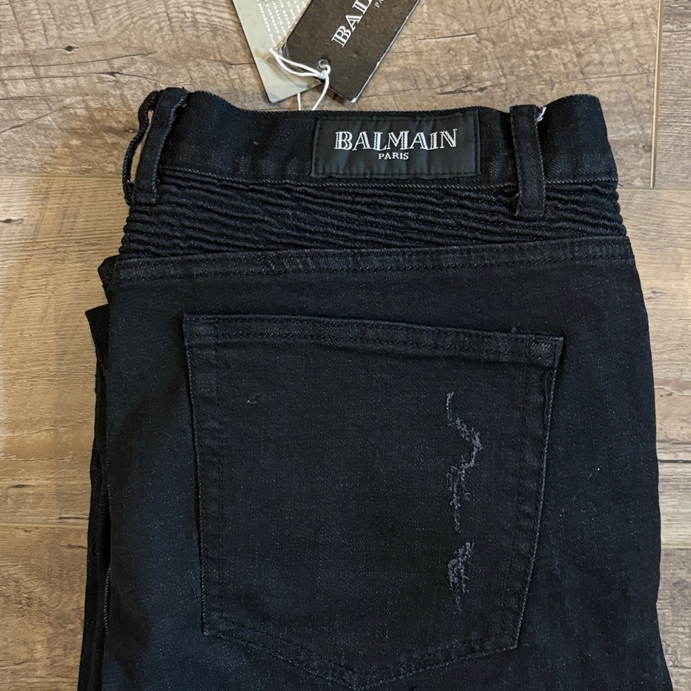 Balmain Men's Skinny Jeans - Black with White & Red Side Stripes - Picture 6 of 7